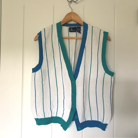 Vintage Liz Sport Blue and White Striped Knit Vest - Picture 1 of 6